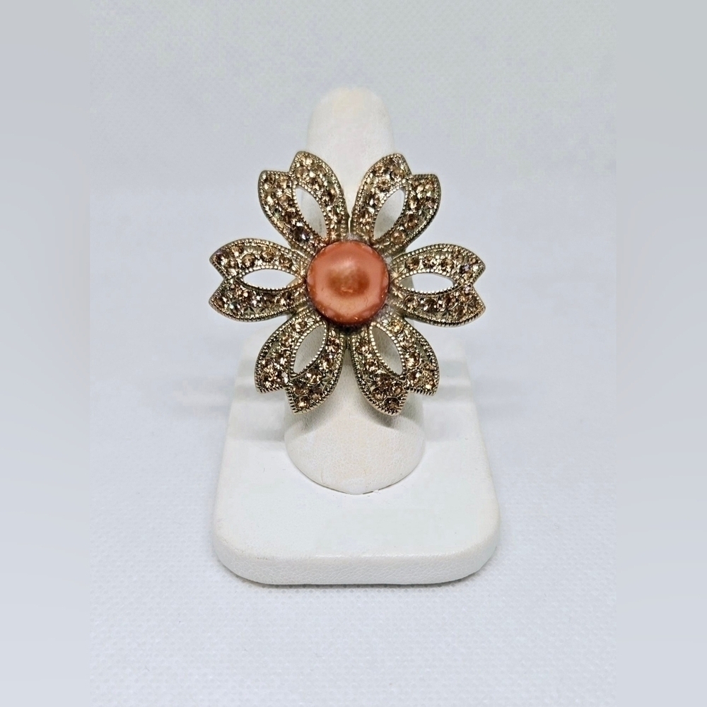 Oversized Floral Statement Ring Gold Tone Orange Cabochon Rhinestone